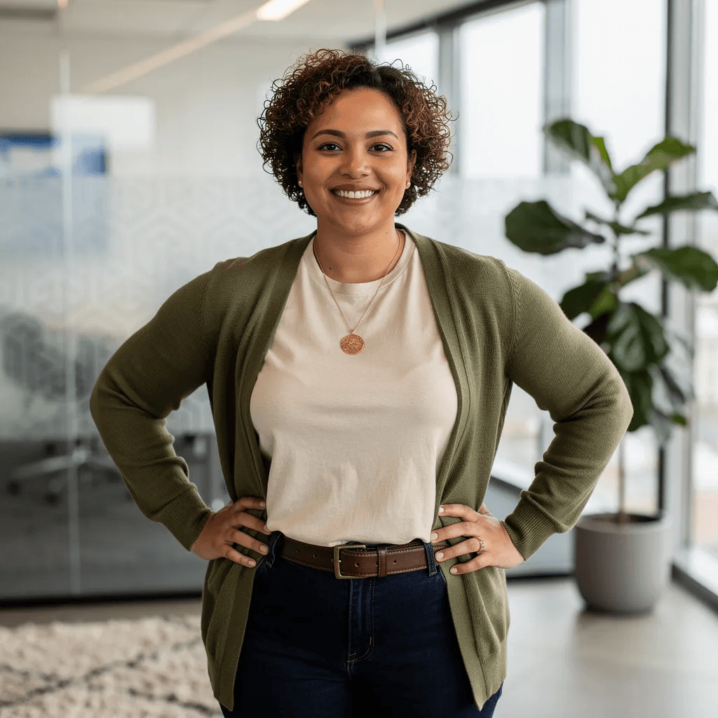 Psicóloga con sonrisa de confianza, con un fondo de consultorio moderno y acogedor